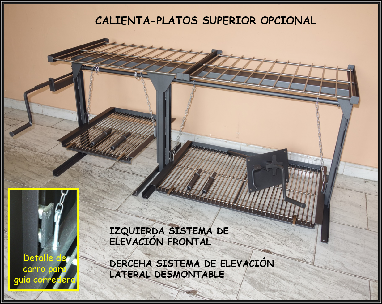 Sistema de cadenas 2HA para barbacoa de obra manivela frontal y desmontable con calientaplatos superior