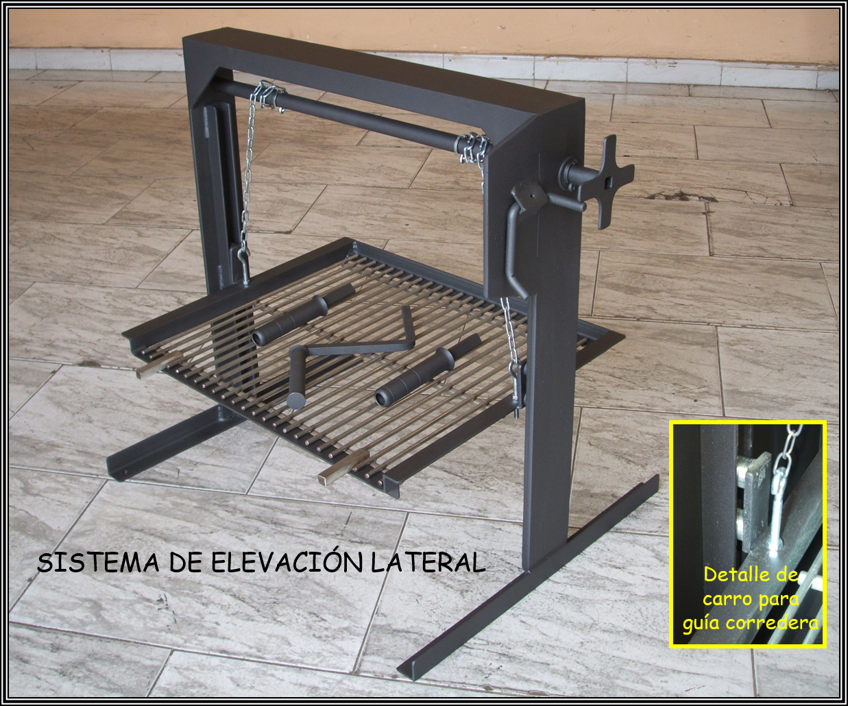 Sistema de cadenas para barbacoa de obra manivela lateral