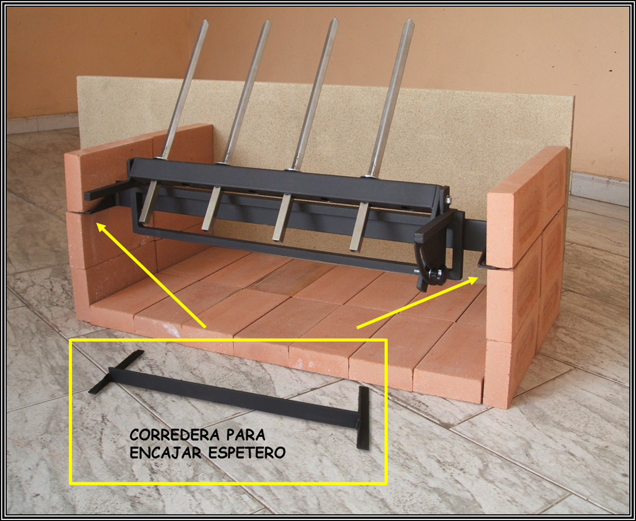 Espetero regulable de encaje frontal - con correderas para barbacoa de obra. Espetera